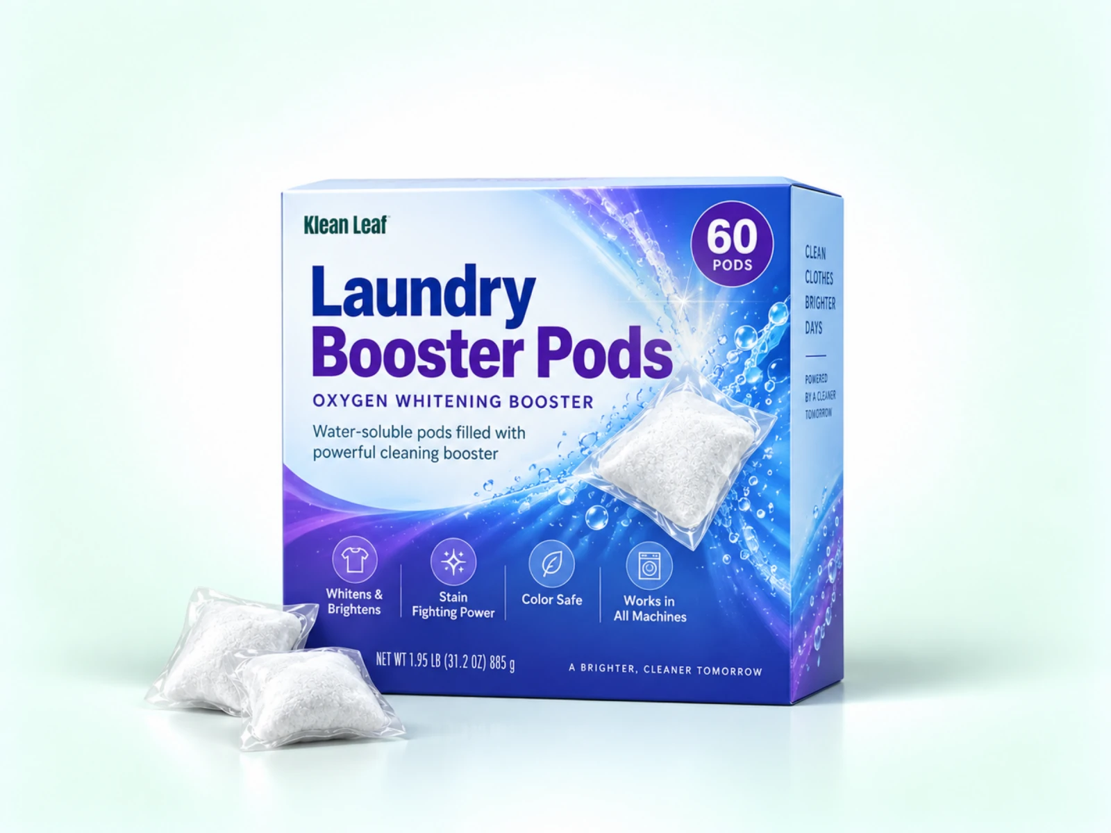 Klean Leaf laundry booster pods in a blue and purple box with white powder-filled pods