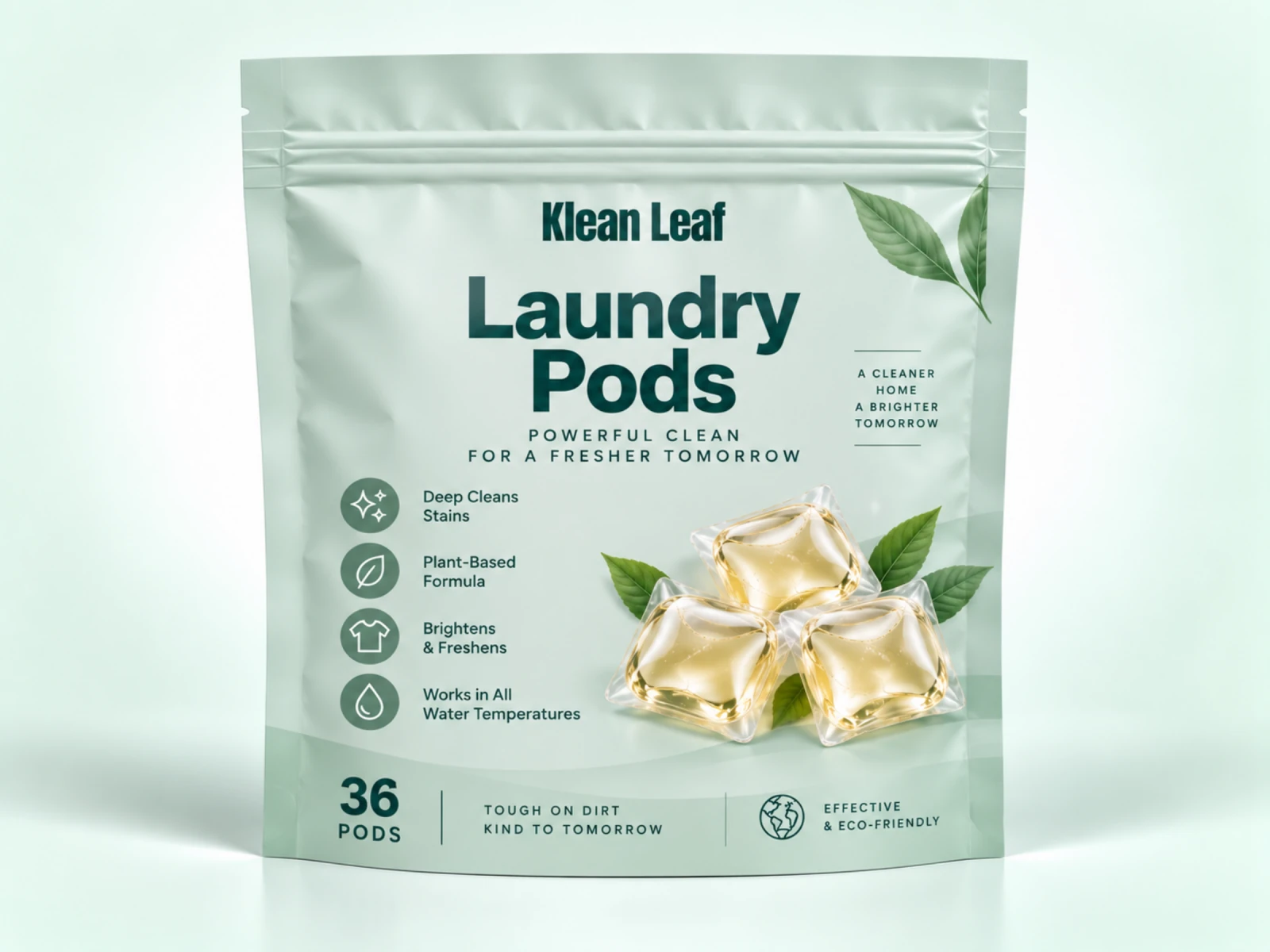 Klean Leaf laundry detergent pods in a pale green resealable pouch with golden pods and leaf illustrations