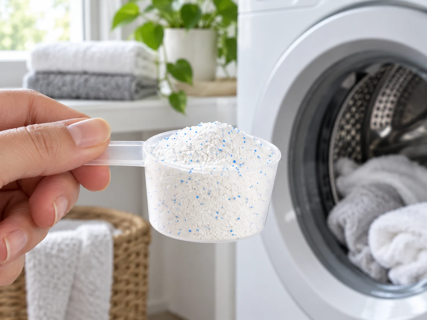 A hand holding a clear scoop of white laundry detergent powder with tiny blue granules near a washing machine