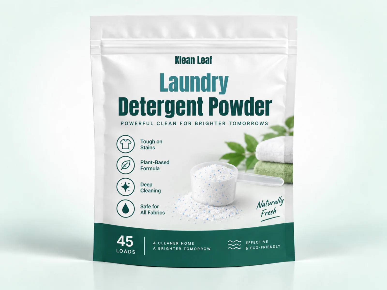 Klean Leaf laundry detergent powder in a white and dark green resealable pouch
