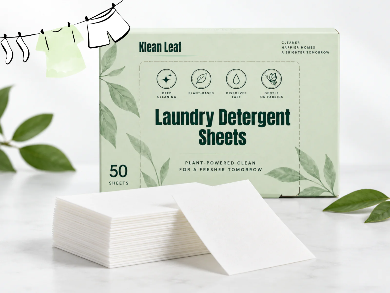 Laundry detergent sheets beside their Klean Leaf retail box