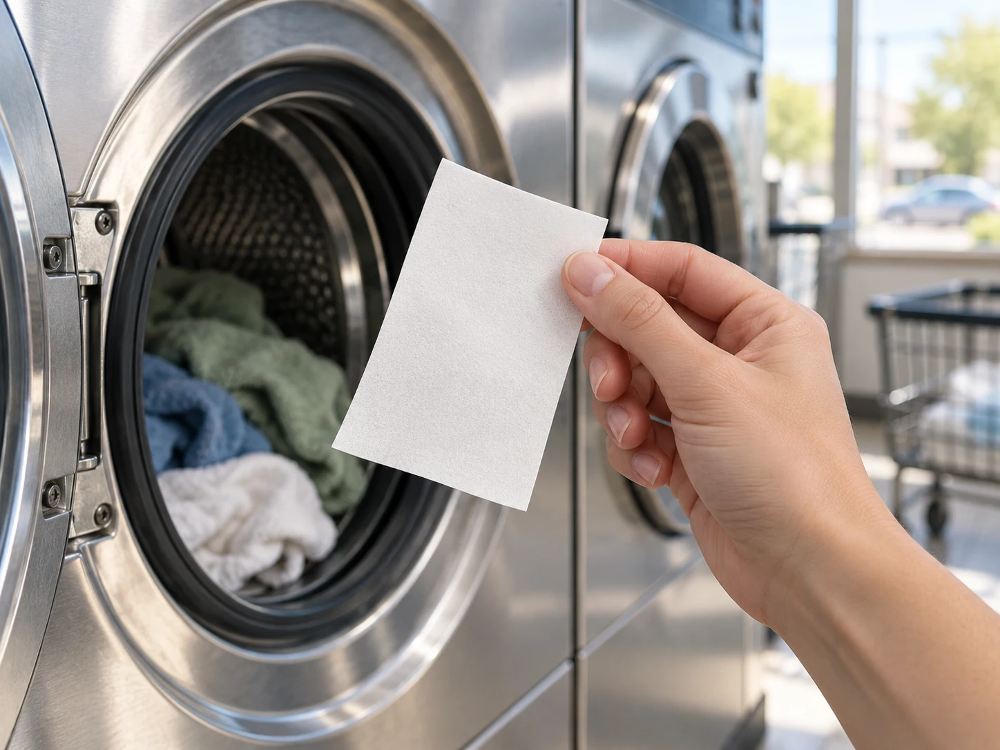A dry hand holding a thin white laundry detergent sheet beside an open laundromat washing machine