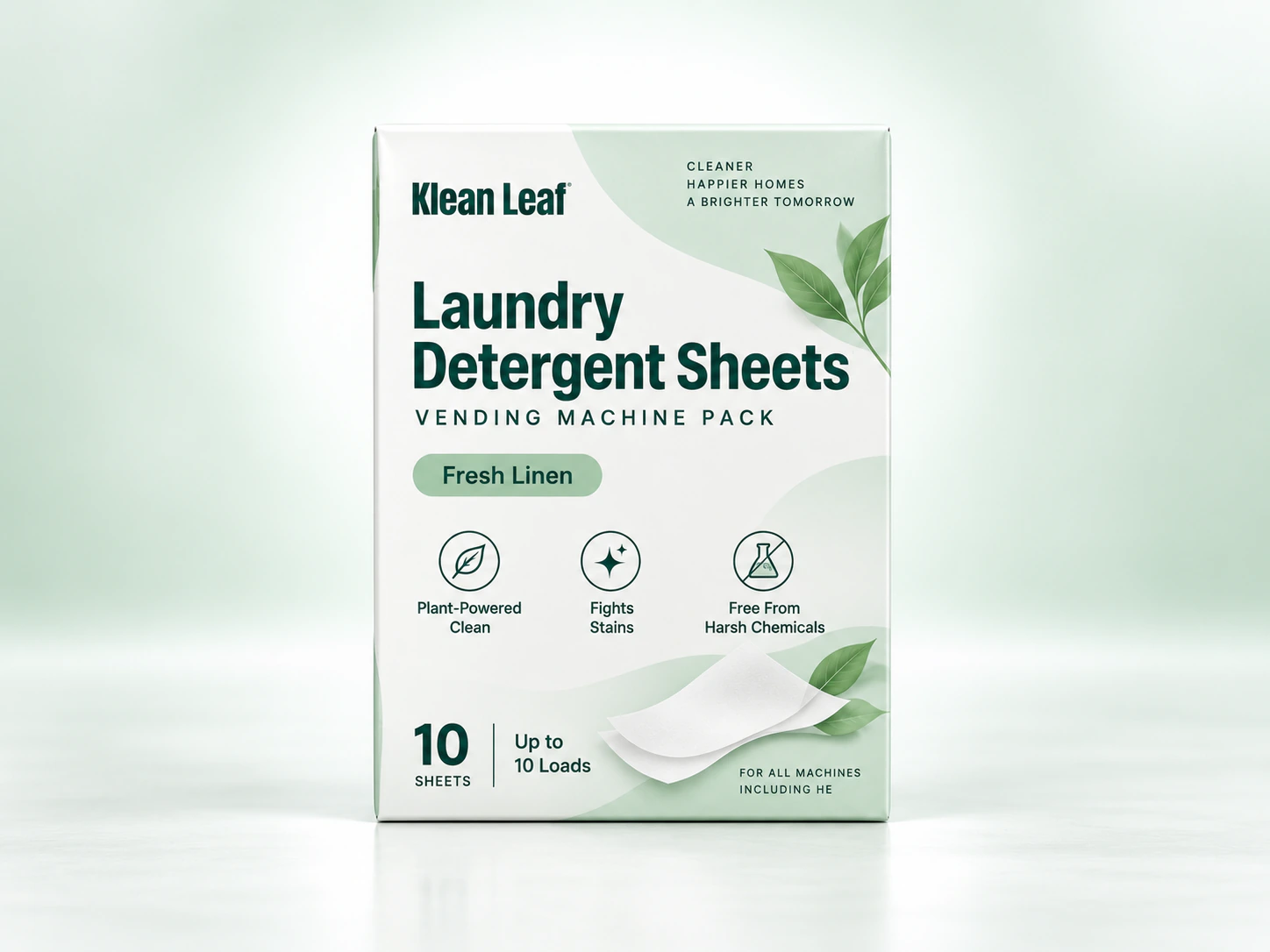 Klean Leaf laundry detergent sheets vending machine pack in a white and green box