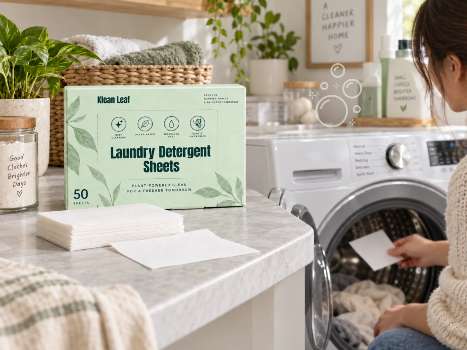 Klean Leaf laundry detergent sheets box and stacked sheets beside a person adding a sheet to a washing machine