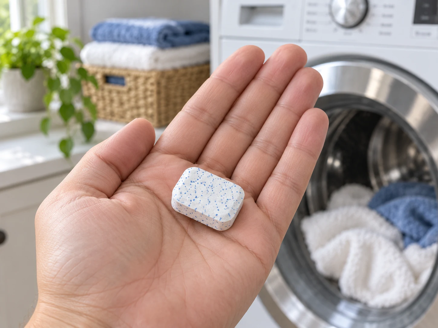 A small blue-speckled white laundry detergent tablet resting on a dry palm with a washing machine in the background
