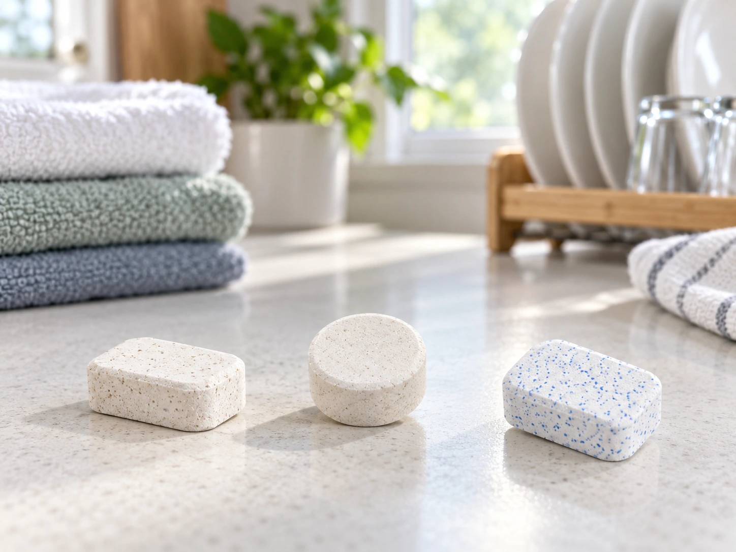 Three groups of round and rectangular cleaning tablets on a counter beside folded towels and dishes
