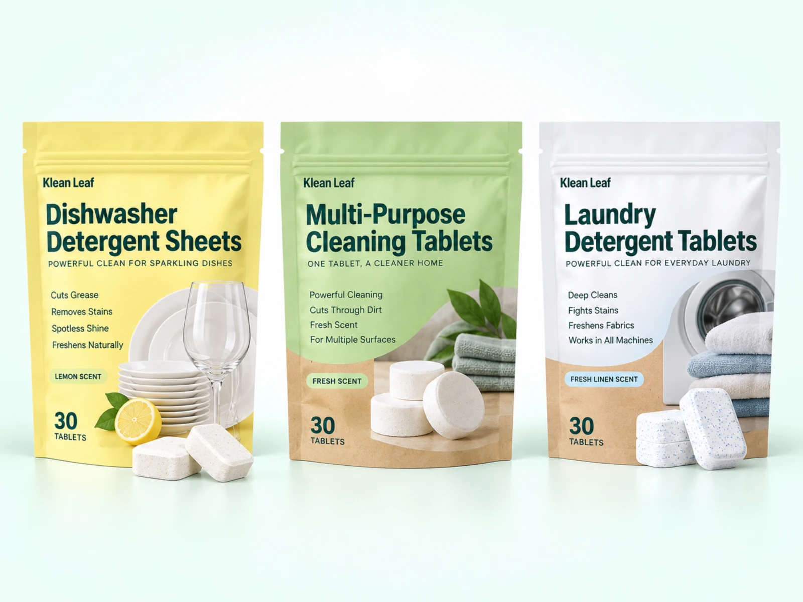 Klean Leaf home care kit with yellow dishwasher, green multi-purpose cleaning, and white laundry detergent pouches