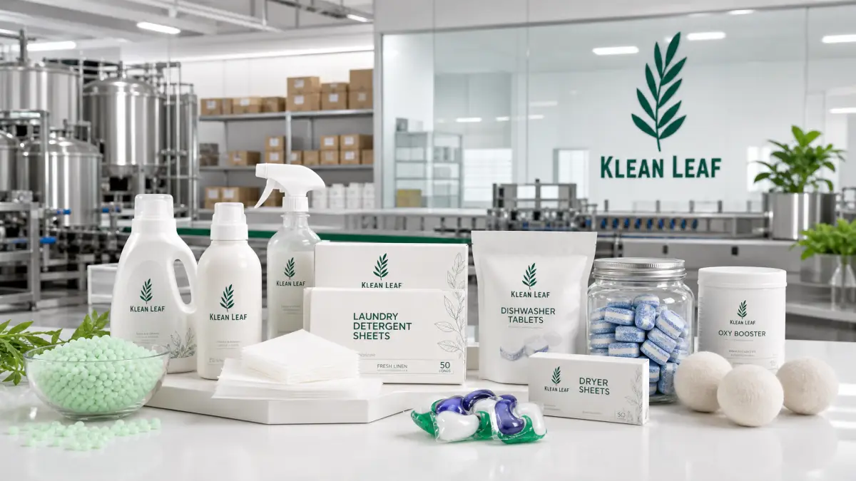 Klean Leaf laundry and home care product range including sheets, pods, tablets, and dryer products
