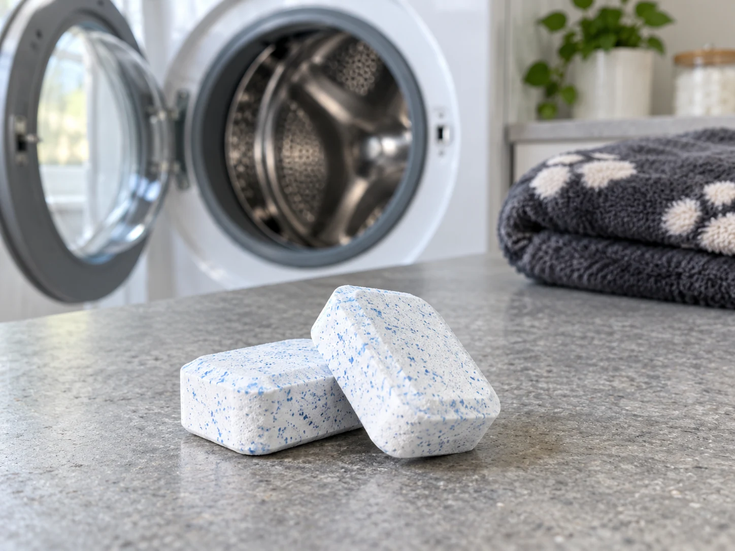 White blue-speckled Klean Leaf laundry machine cleaning tablets in close-up on a dry counter with an empty washing machine and folded pet blanket behind
