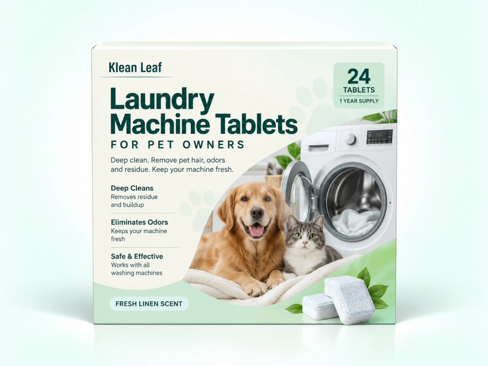 Klean Leaf laundry machine tablets for pet owners in a pale green box with a dog, cat and washing machine illustration