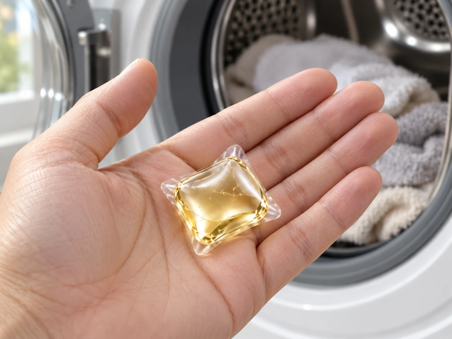 A single intact pale-gold Klean Leaf laundry pod resting in a dry open palm with an open washing machine behind