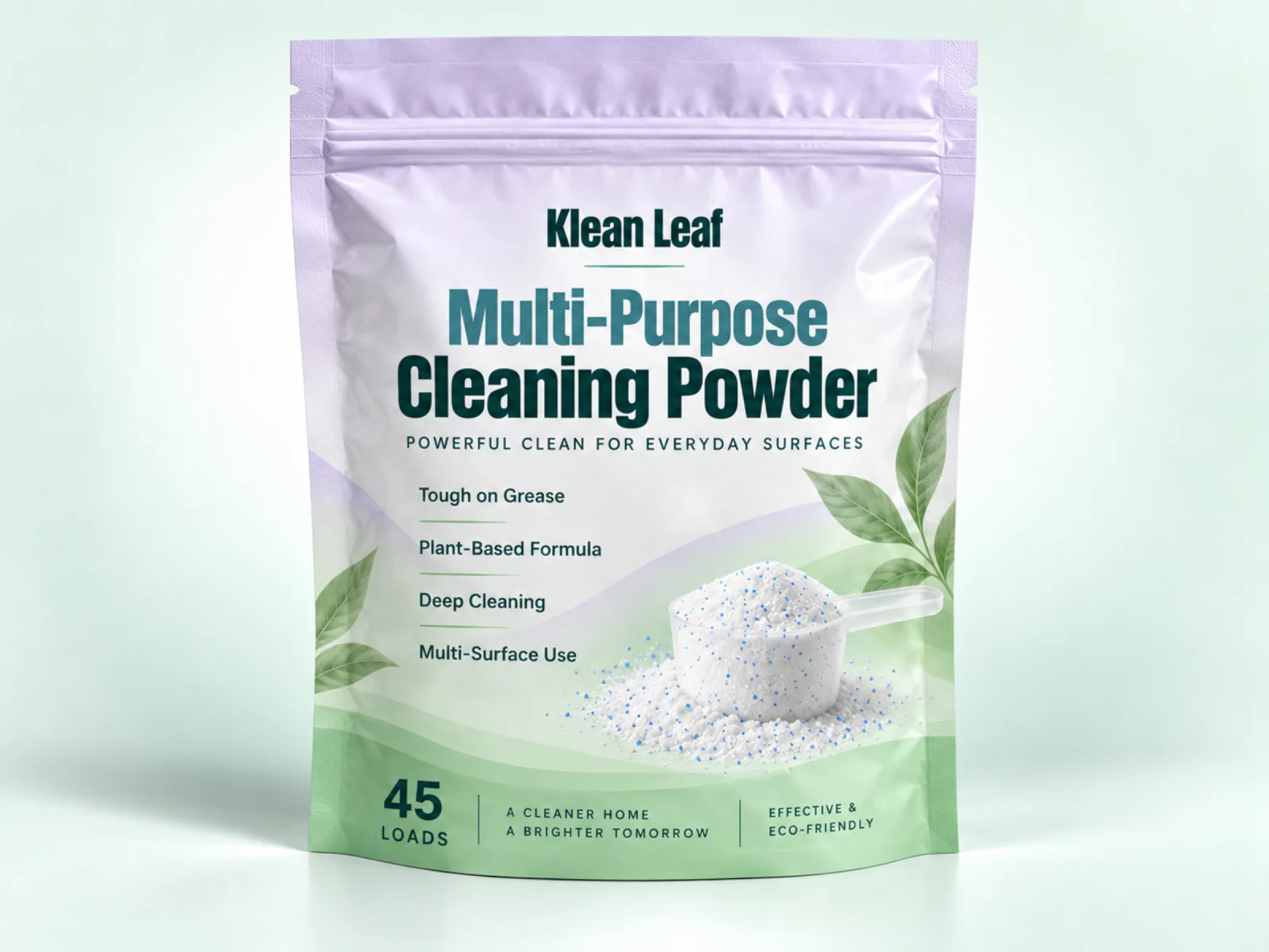 Klean Leaf multi-purpose cleaning powder in a lavender and light green resealable pouch