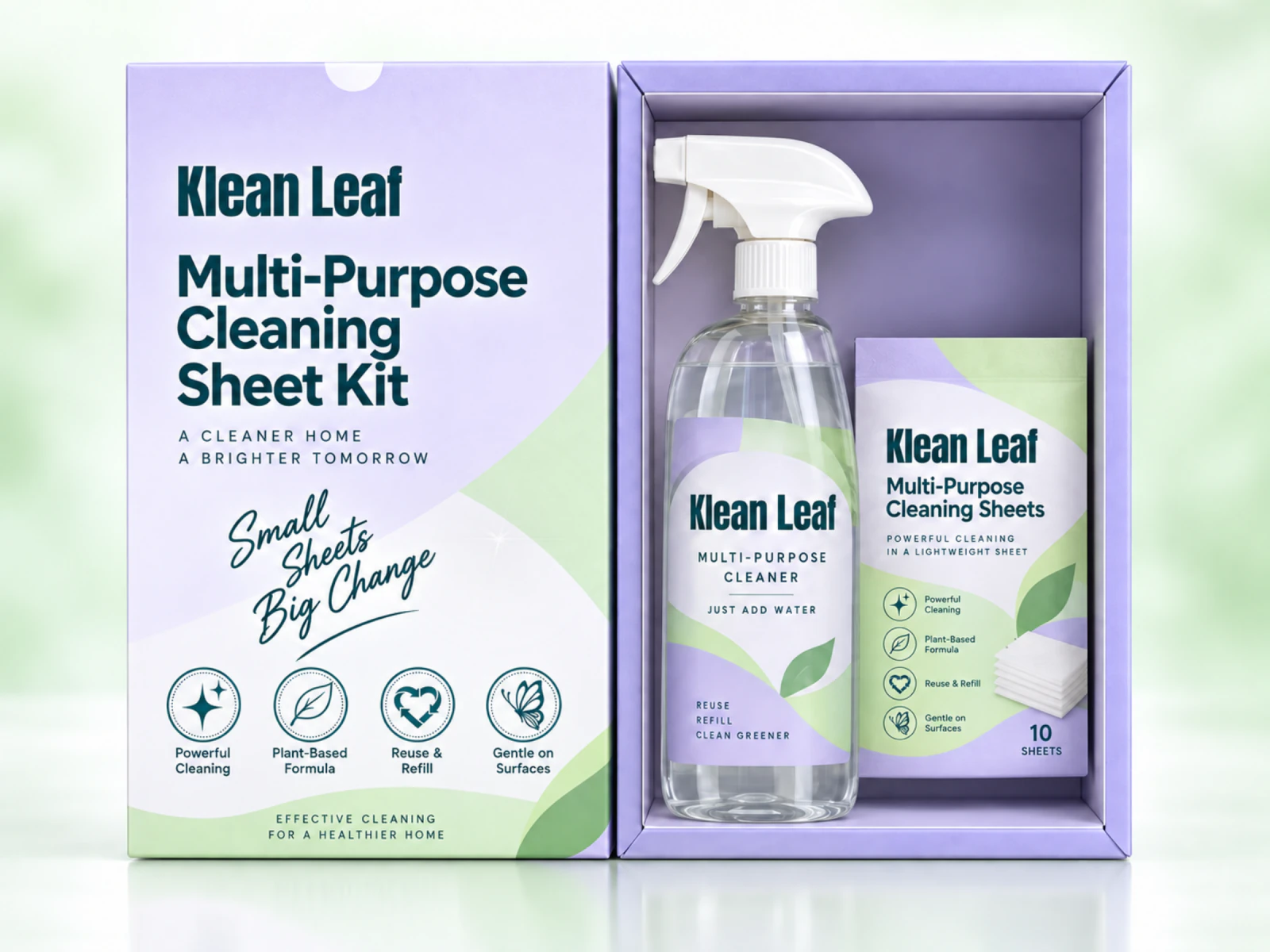 Klean Leaf multi-purpose cleaning sheet kit with spray bottle and sheet refill pack