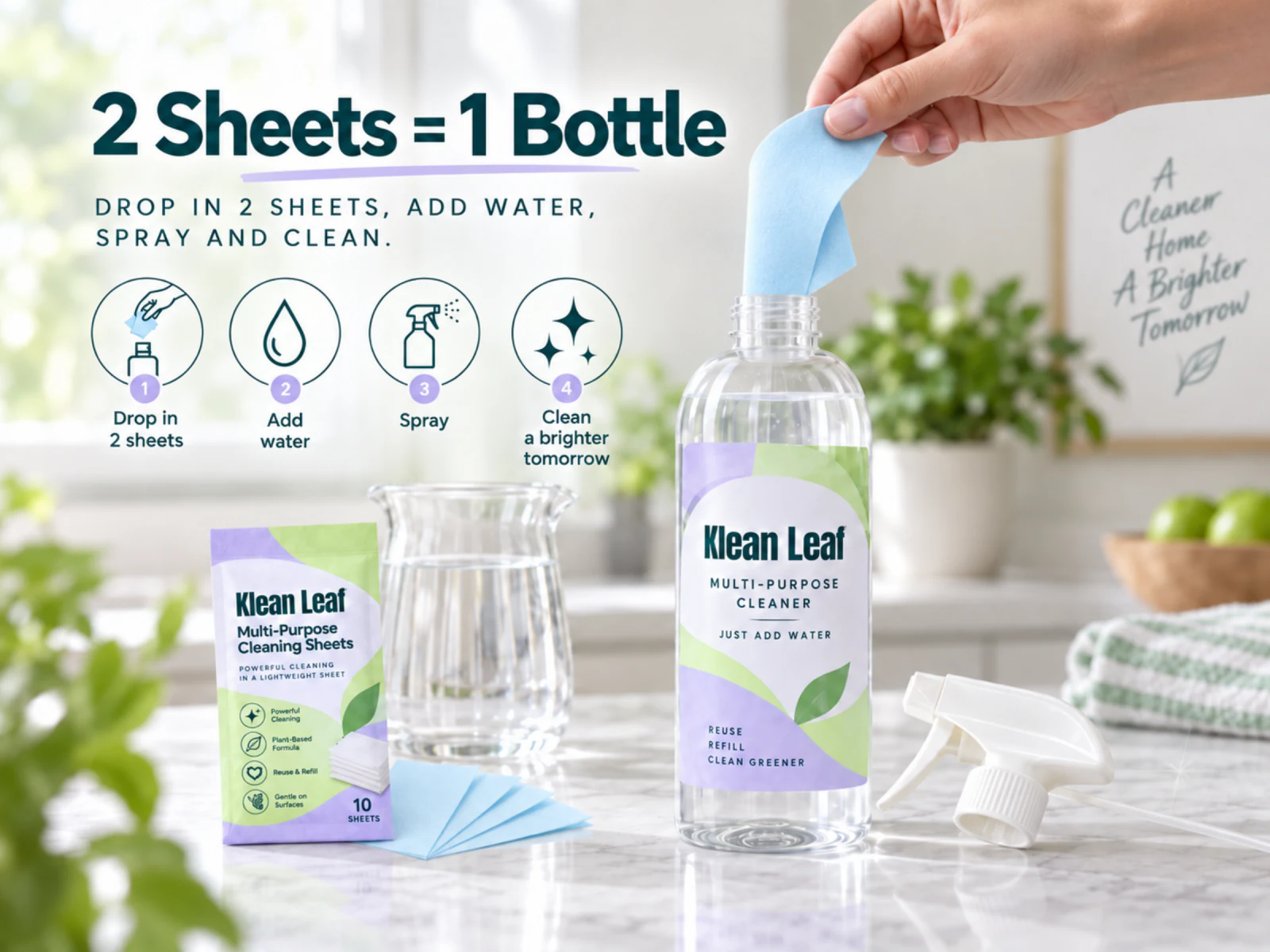 Klean Leaf multi-purpose cleaning sheets being added to a reusable spray bottle