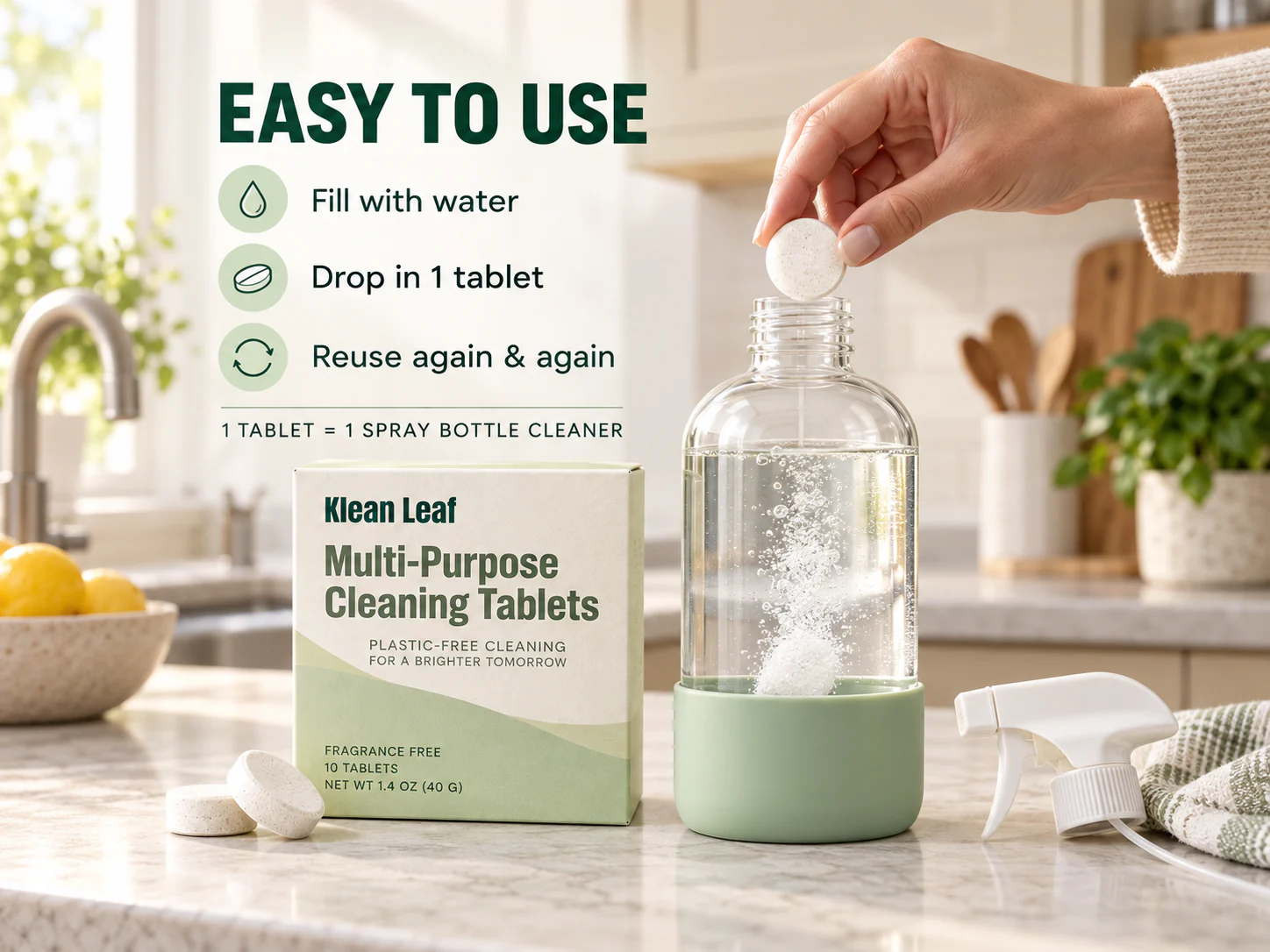 Klean Leaf multi-purpose tablet kit being prepared in its reusable spray bottle