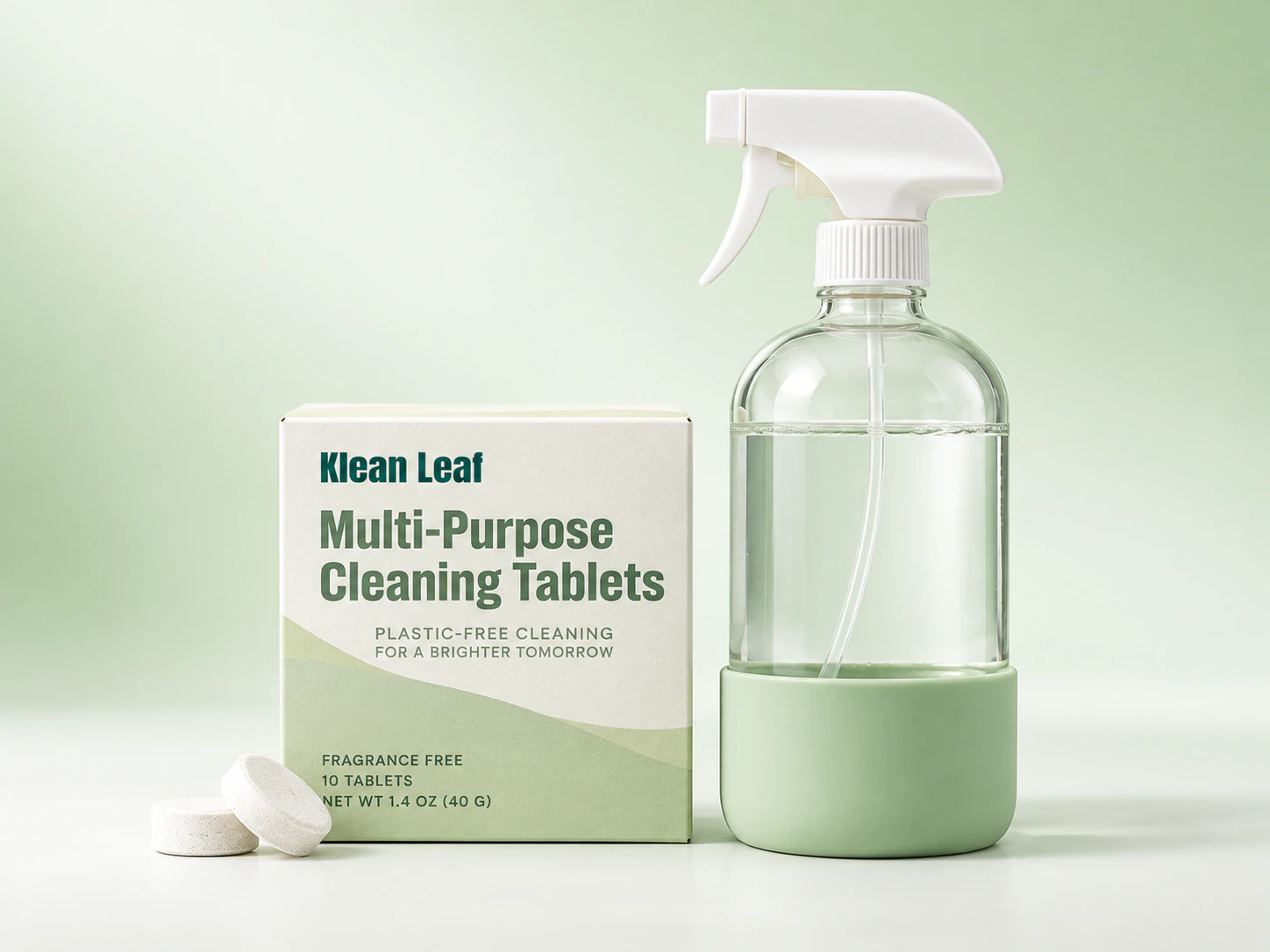 Klean Leaf multi-purpose cleaning tablet kit with packaging, tablets, and a reusable spray bottle