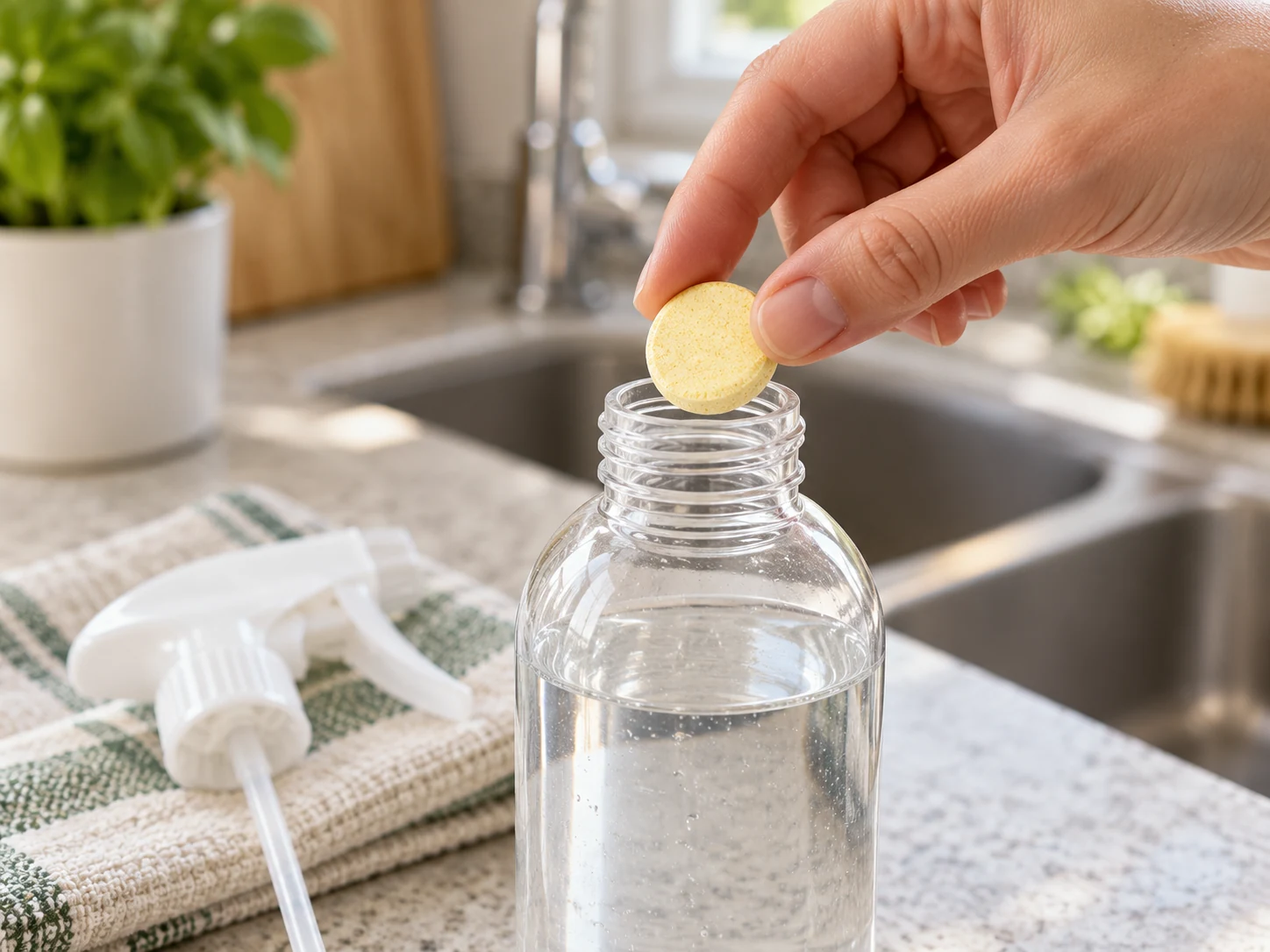 A hand holding a pale yellow cleaning tablet above a spray bottle containing water