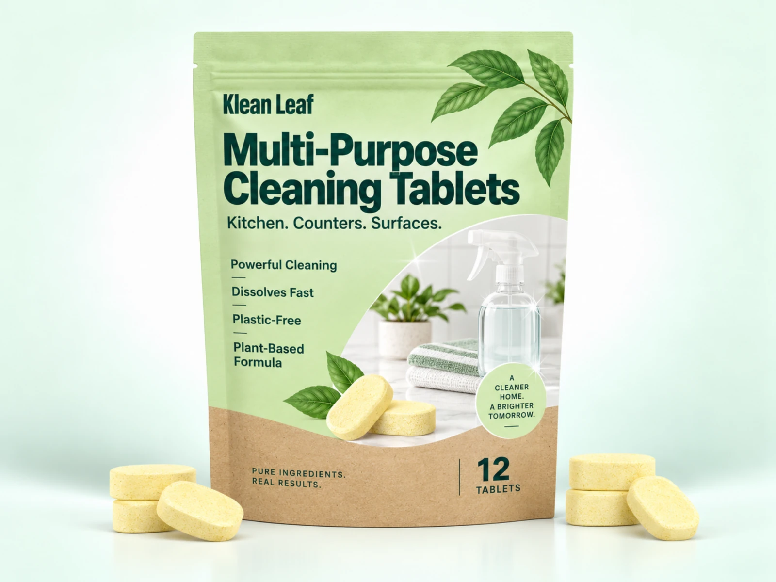 Klean Leaf multi-purpose cleaning tablets in a pale green and tan resealable pouch with yellow tablets and a spray bottle illustration