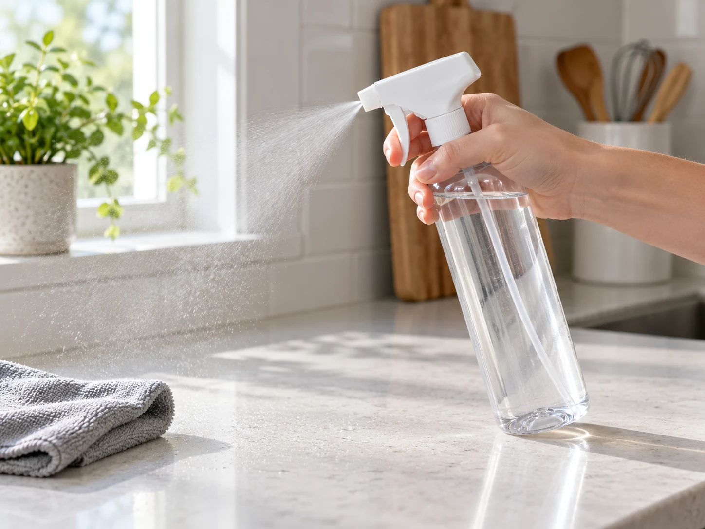 A hand squeezing the white trigger of a clear plastic spray bottle over a kitchen countertop