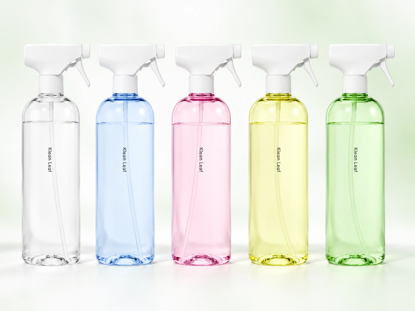 Five Klean Leaf plastic spray bottles in clear, blue, pink, yellow, and green