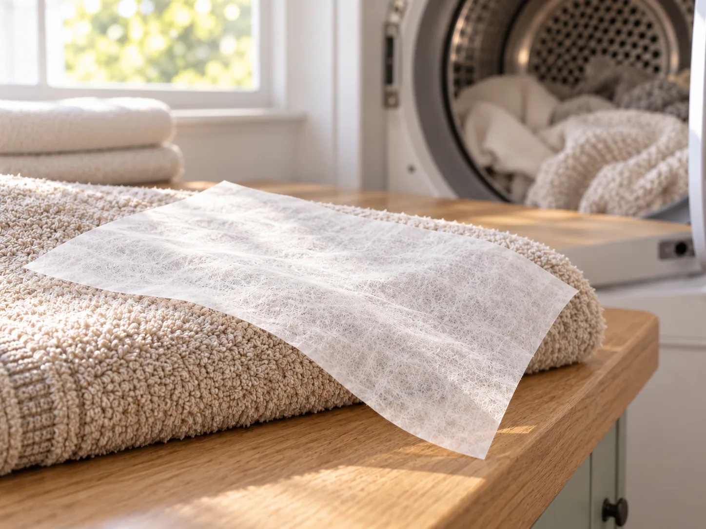 A thin white dryer sheet draped over a beige towel beside an open tumble dryer