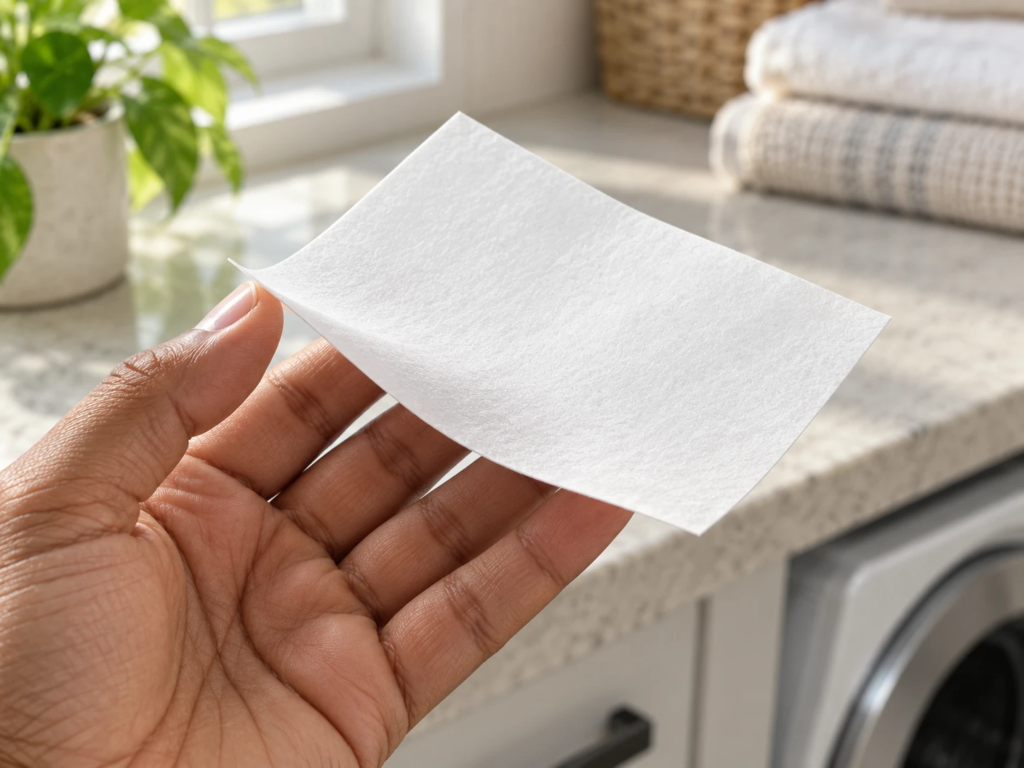 A hand supporting a thin white laundry detergent sheet in window light