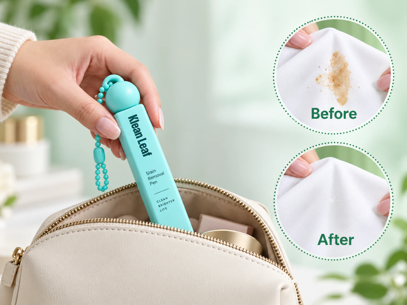 A Klean Leaf stain removal pen carried beside a travel pouch