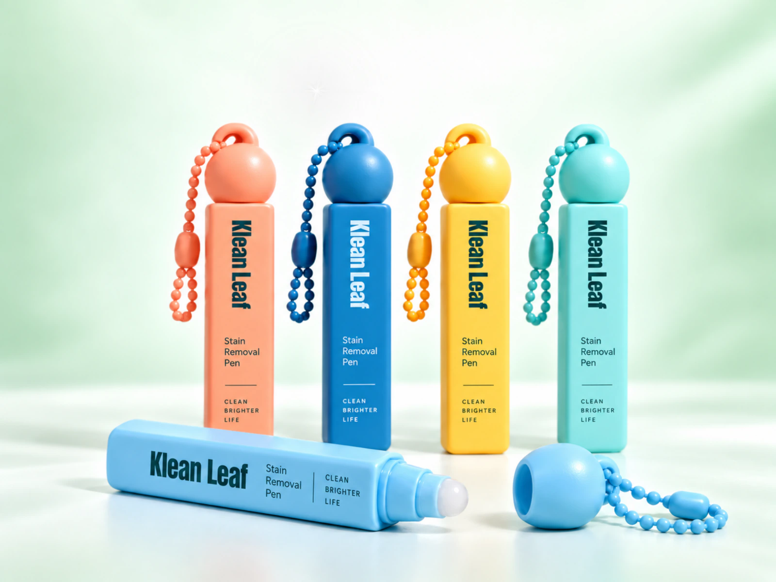 Klean Leaf colorful stain removal pens with beaded cap loops and an uncapped blue pen