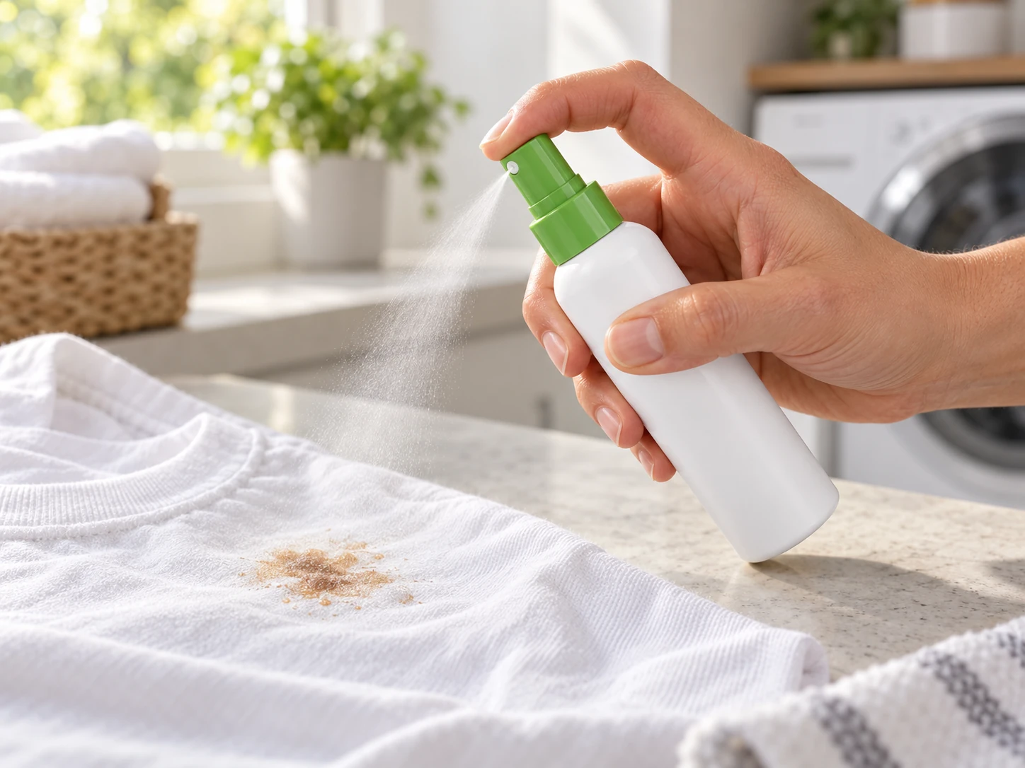 A hand holding a white stain-removal spray bottle above a mark on a white shirt