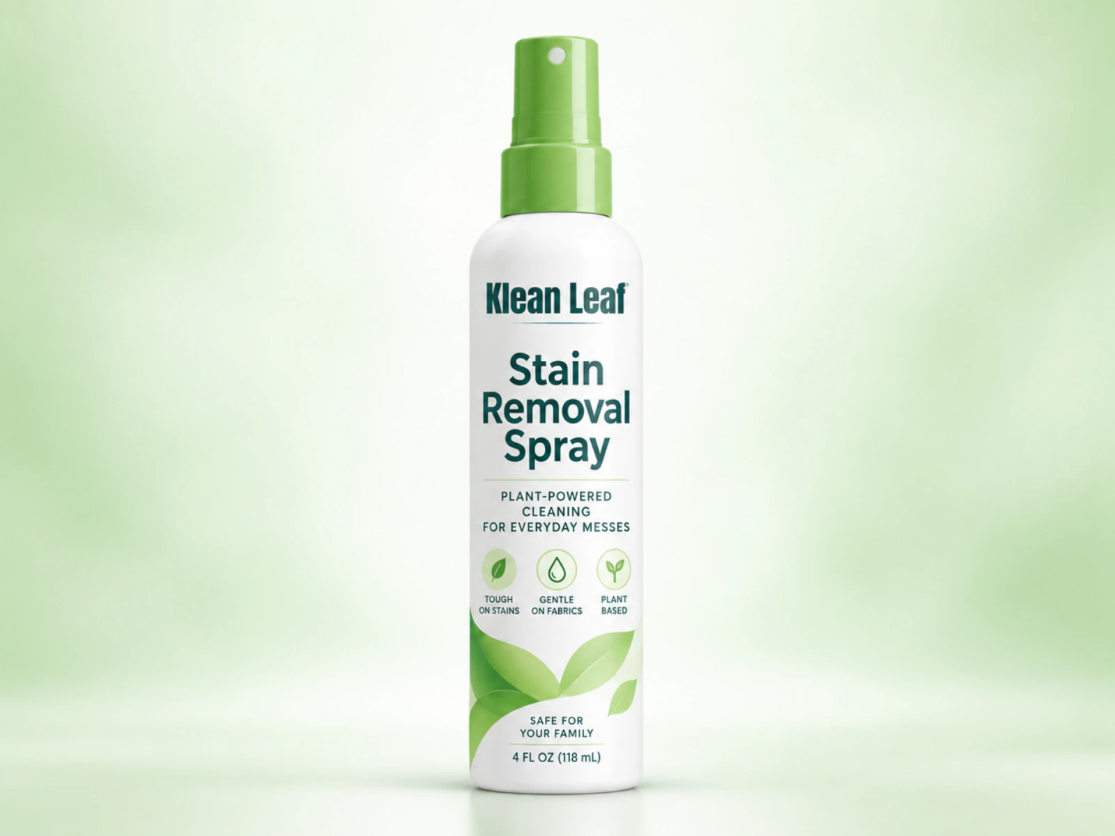 Klean Leaf stain removal spray in a white bottle with a green spray pump