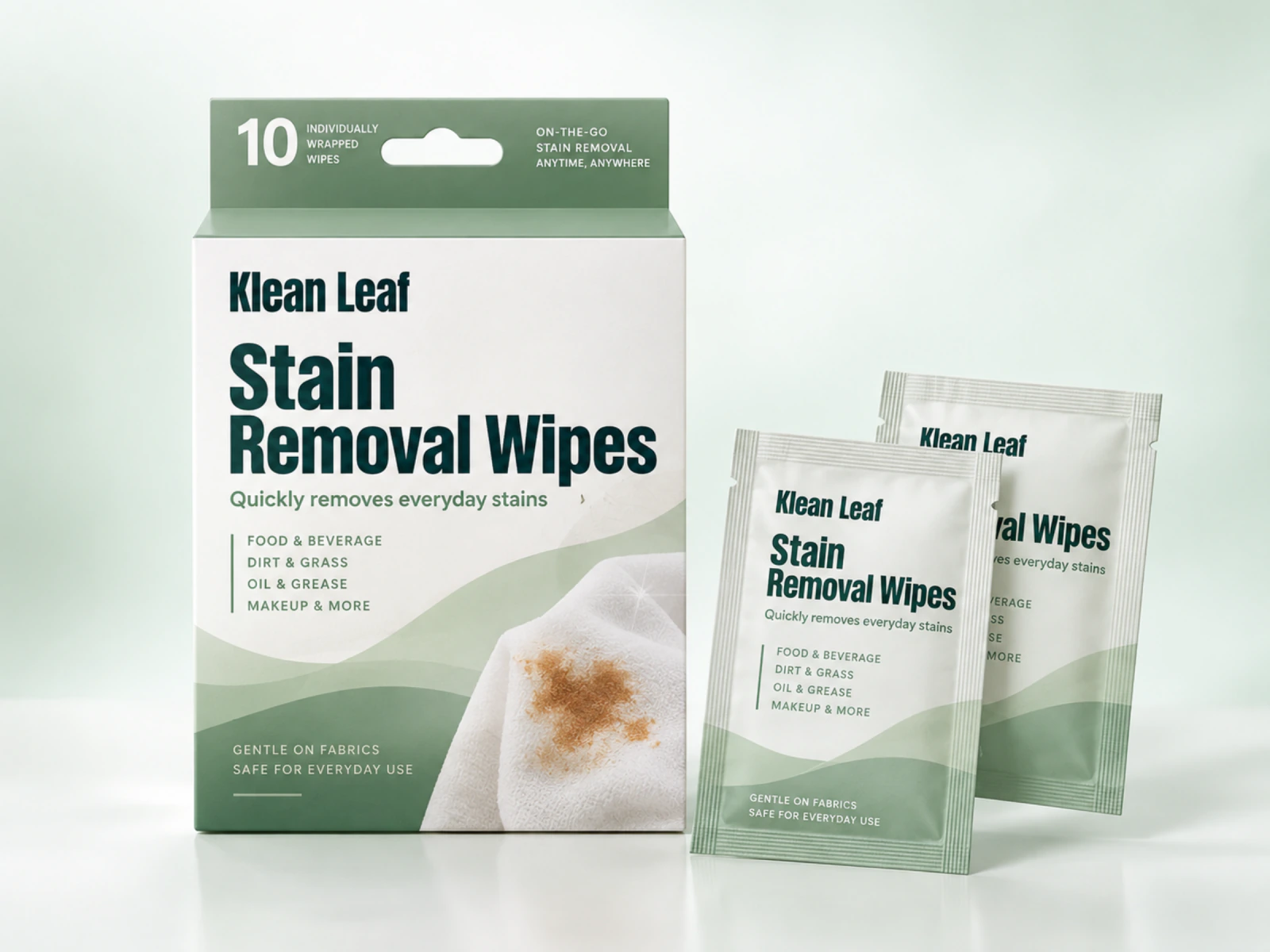 Klean Leaf stain removal wipes in a white and green box beside two individual packets