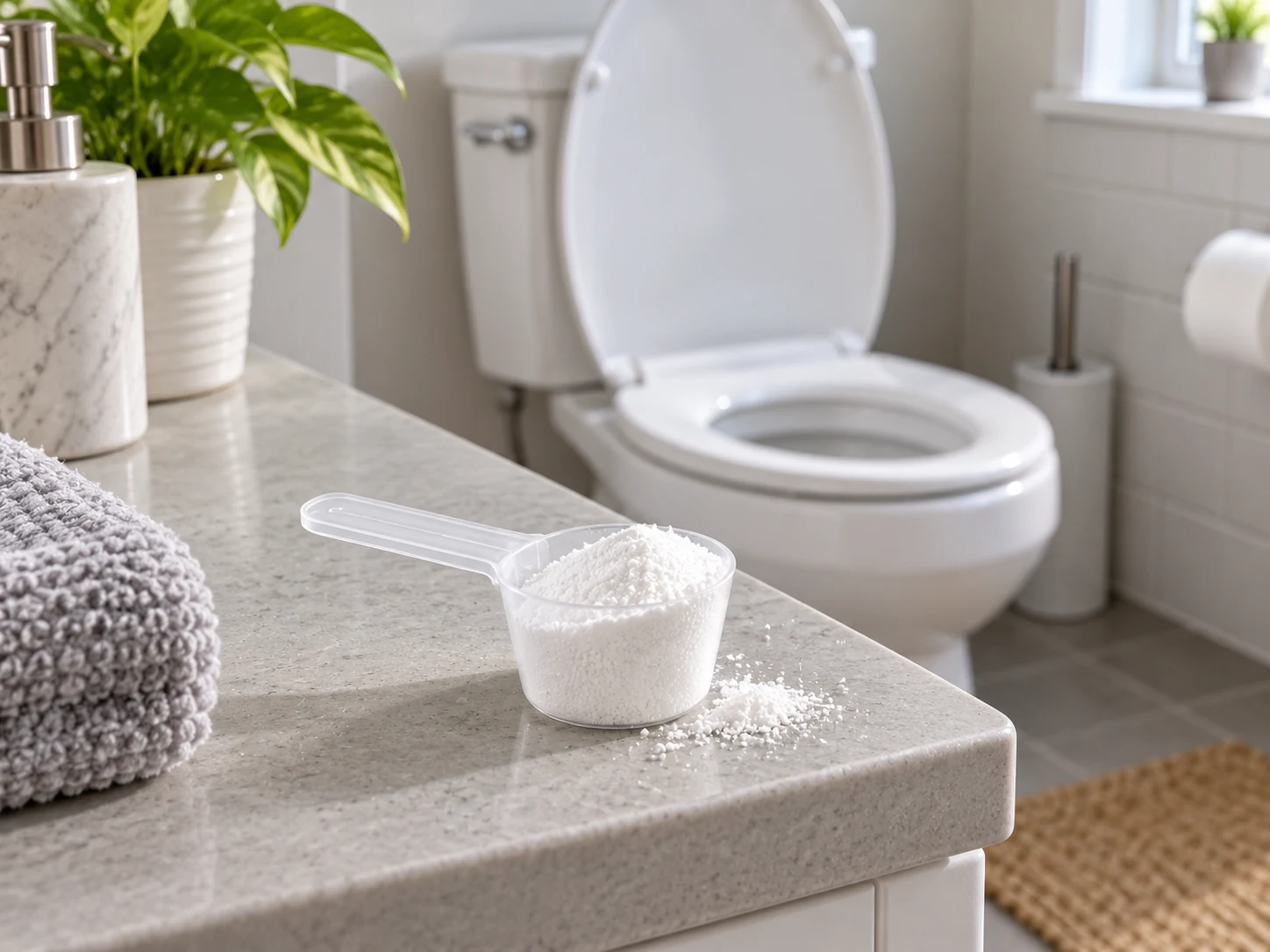 Fine white toilet bowl cleaning powder in an unbranded scoop on a bathroom ledge with a toilet in the background