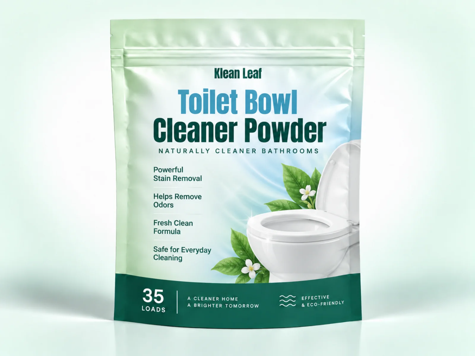 Klean Leaf toilet bowl cleaner powder in a blue and light green resealable pouch with a toilet illustration