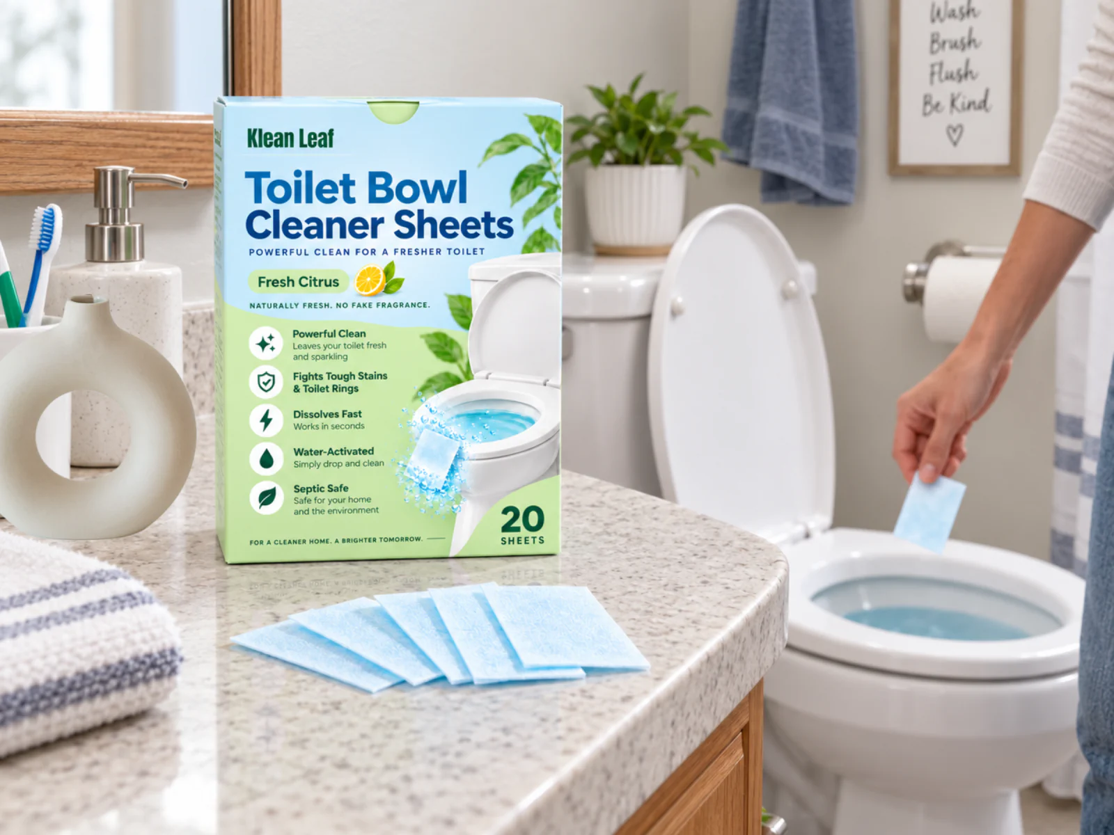 A Klean Leaf toilet cleaning sheet held above the toilet bowl
