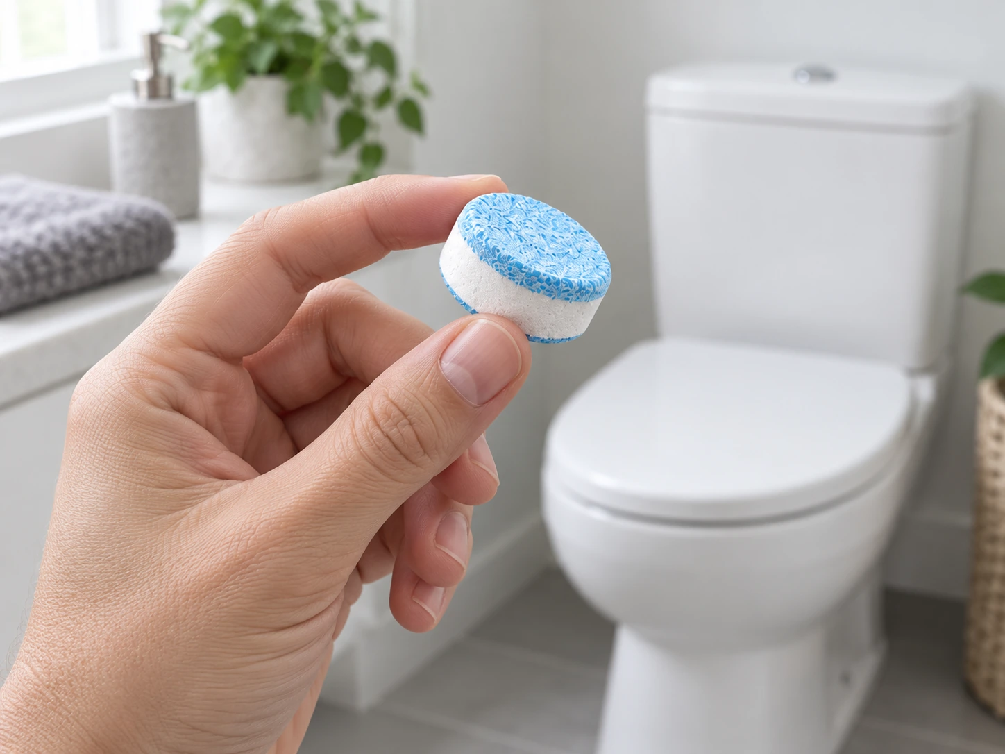 A small blue-and-white Klean Leaf toilet cleaning tablet held between fingers with a closed toilet softly visible behind