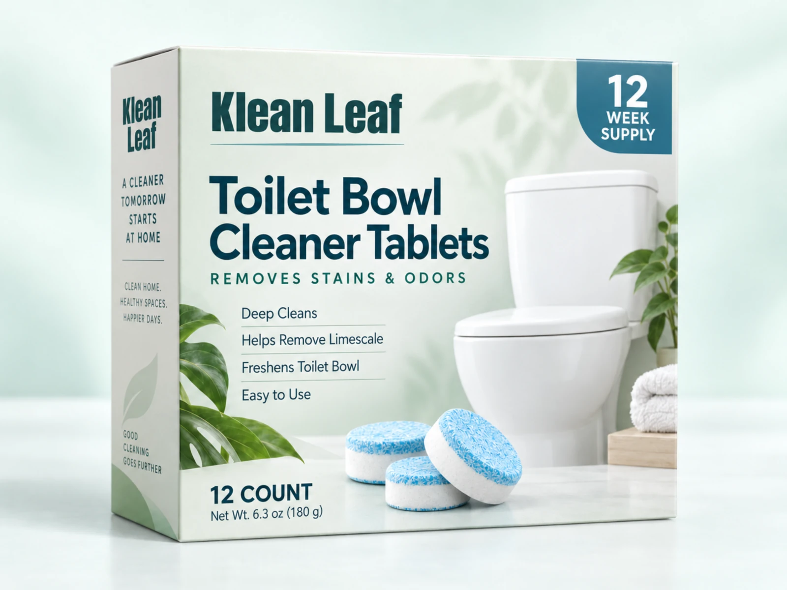 Klean Leaf toilet bowl cleaner tablets in a pale green box with a toilet and blue and white tablet illustration