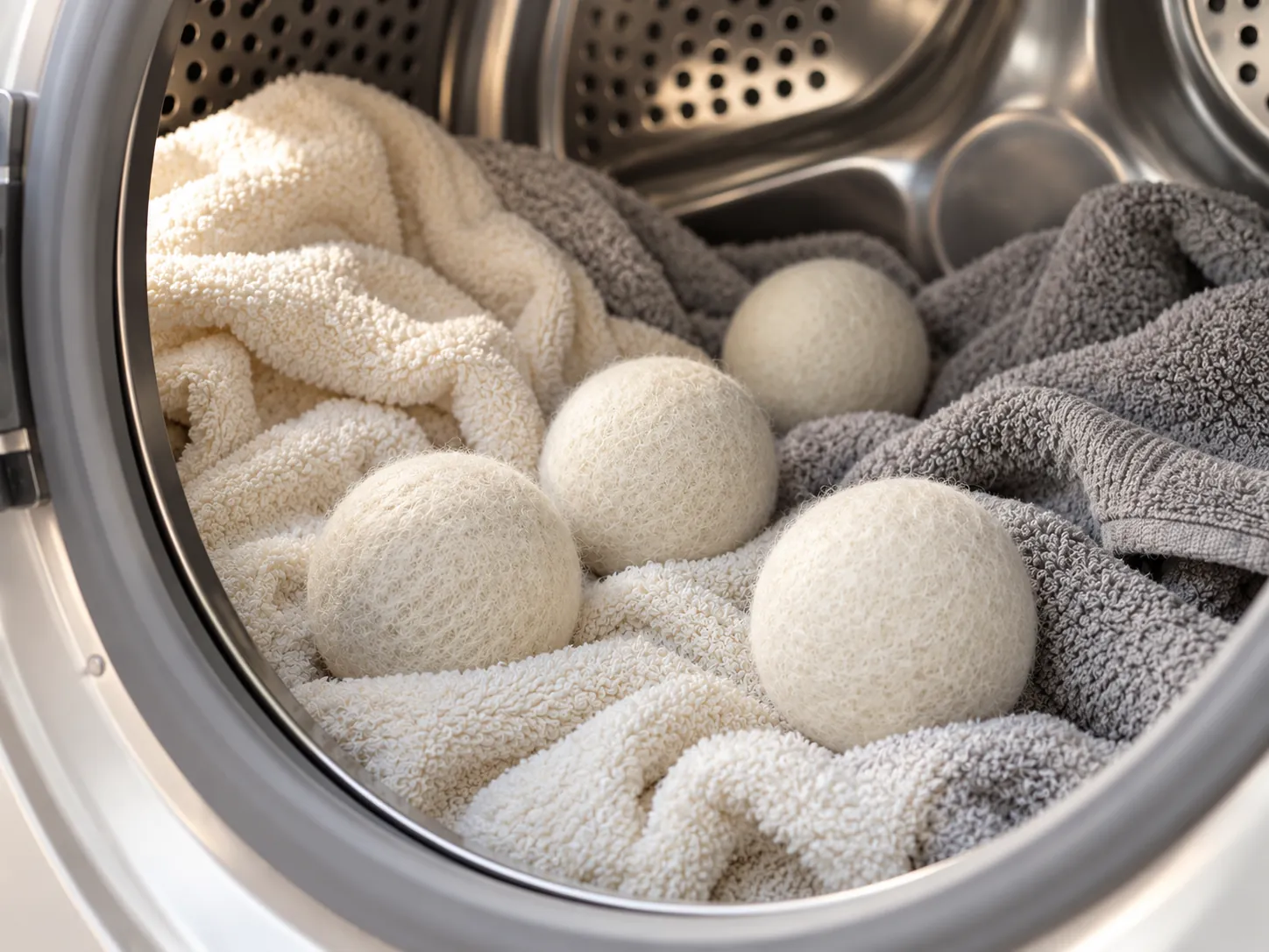 Four ivory wool dryer balls nestled among cream and grey towels in an open tumble dryer
