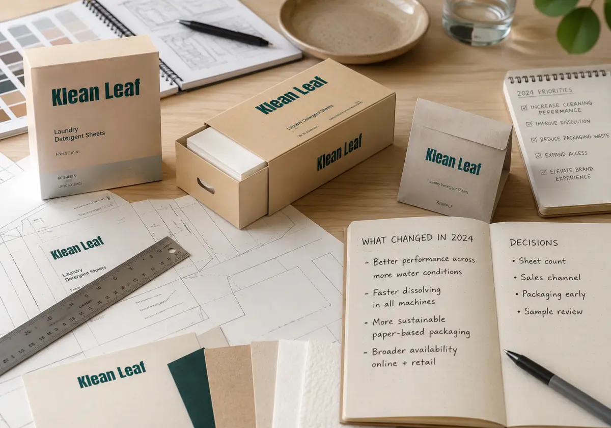 Laundry care 2024 product development notes with detergent sheet packaging samples dielines and formula planning