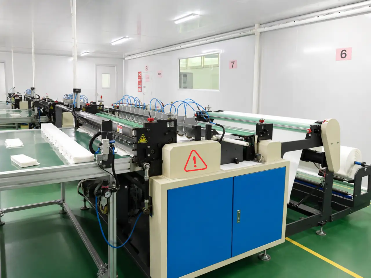 Laundry detergent sheet material moving through industrial converting and cutting equipment