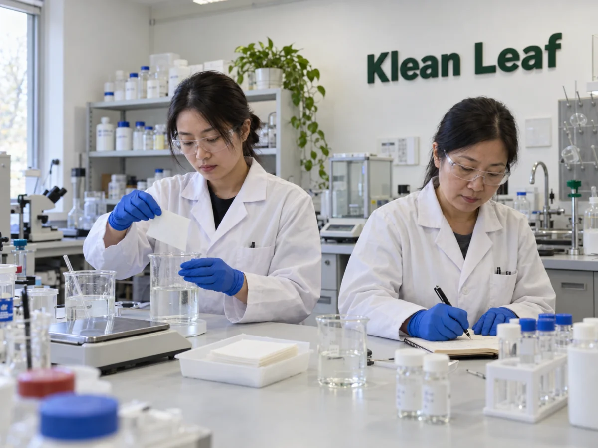 Klean Leaf laboratory team reviewing detergent sheet formulas and samples