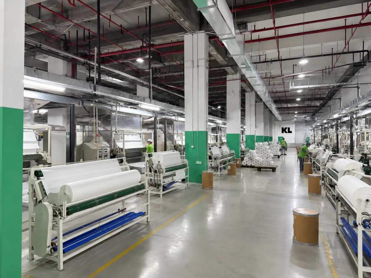 Workers operating detergent sheet production equipment on a factory floor