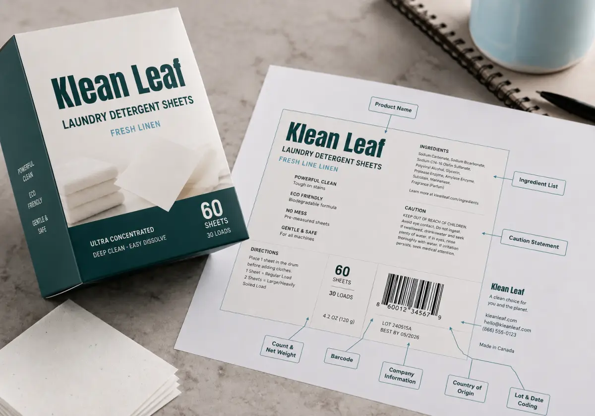 Laundry detergent sheets packaging label diagram showing product name ingredients caution UPC barcode company information country of origin and lot date coding