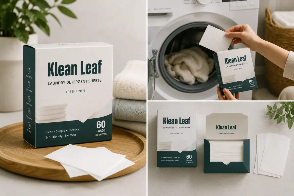 Laundry detergent sheets paper box packaging and sheet usage for household laundry customers