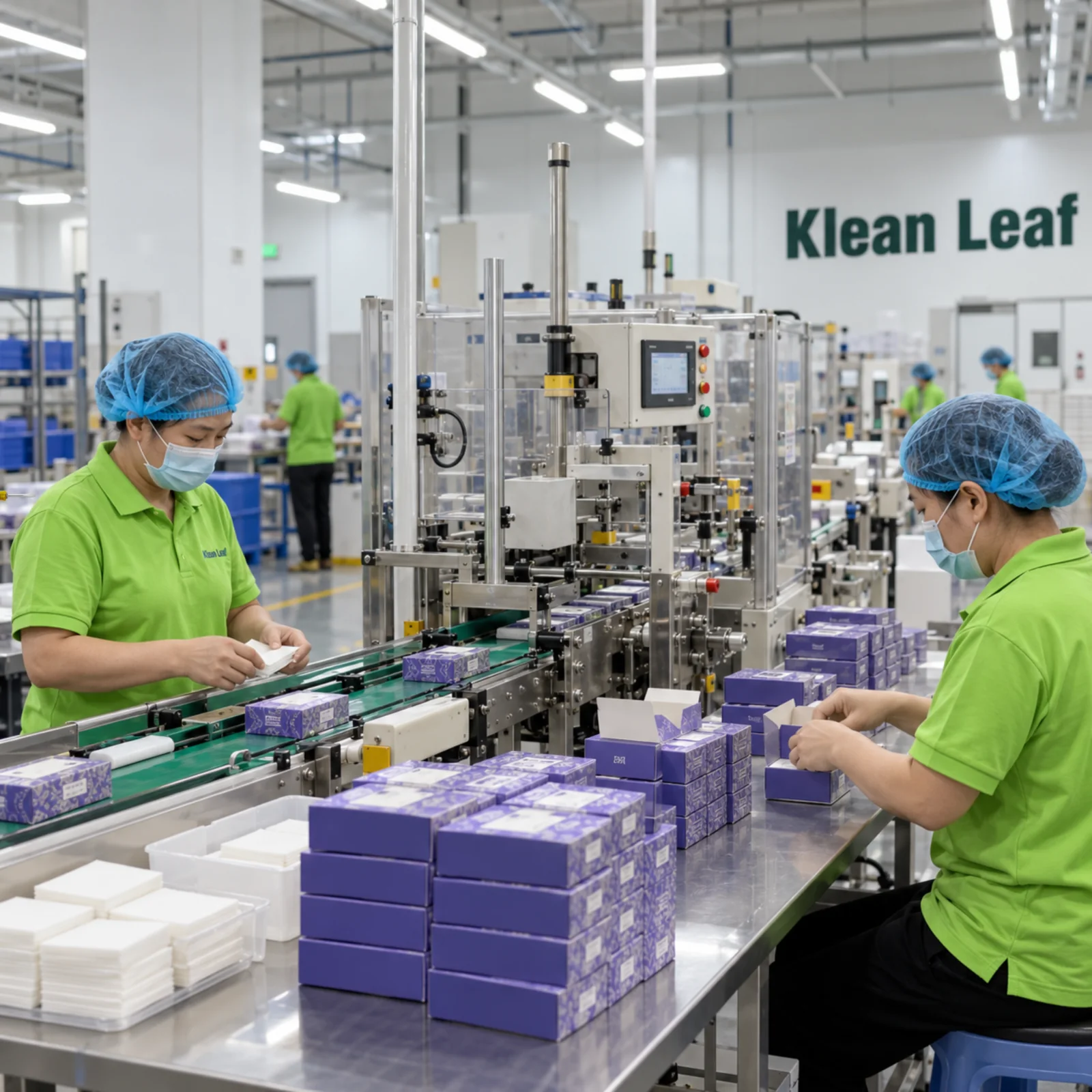 Production staff packing finished laundry detergent sheets into private label boxes on a packaging line